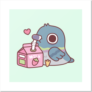 Cute Pigeon Loves Drinking Strawberry Milk Posters and Art